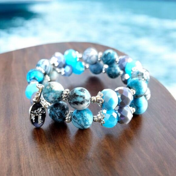 Aqua Gemstone Beaded Bracelet Silver Beach Cruise Memory Wire Designer NWT - Picture 5 of 12